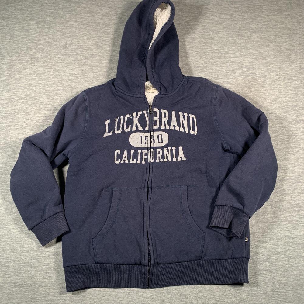 Lucky Brand Hoodie Youth Large 14/16 Navy Sherpa Lined Zip Sweatshirt California